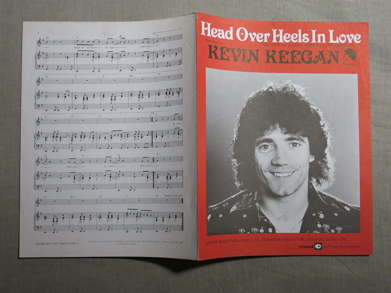 Kevin Keegan的《Head Over Heels In Love》樂譜小冊子，附有照片封面。