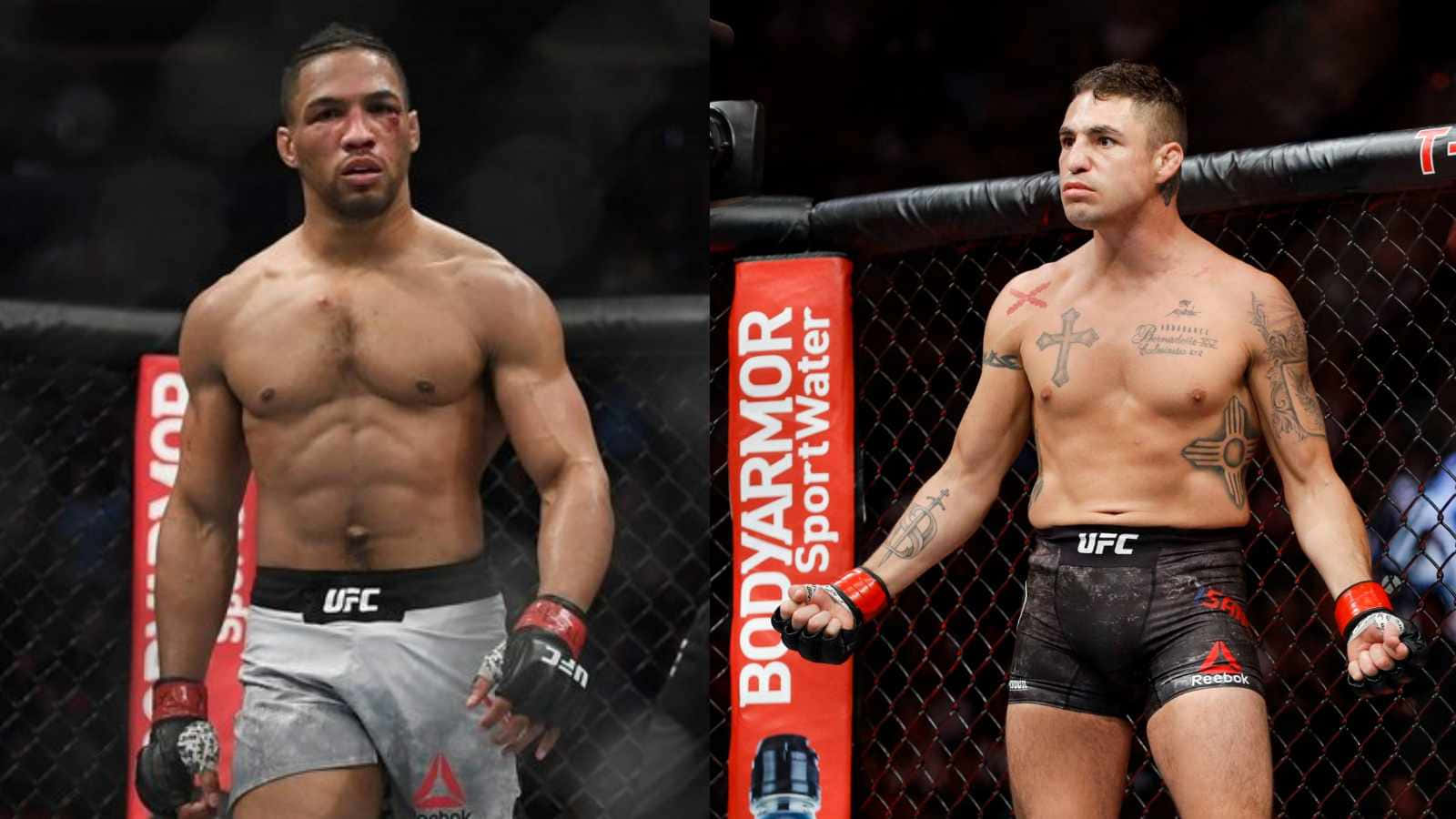 Kevin Lee與Diego Sanchez 壁紙 — 兩名肌肉發達的UFC拳手站在八角籠內，一人有紋身，另一人在明亮的場館燈光下神情專注。