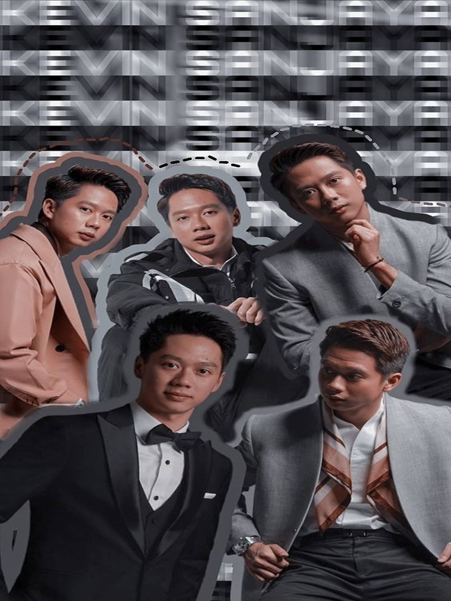 五位穿著時尚的男士在故障數位背景前。