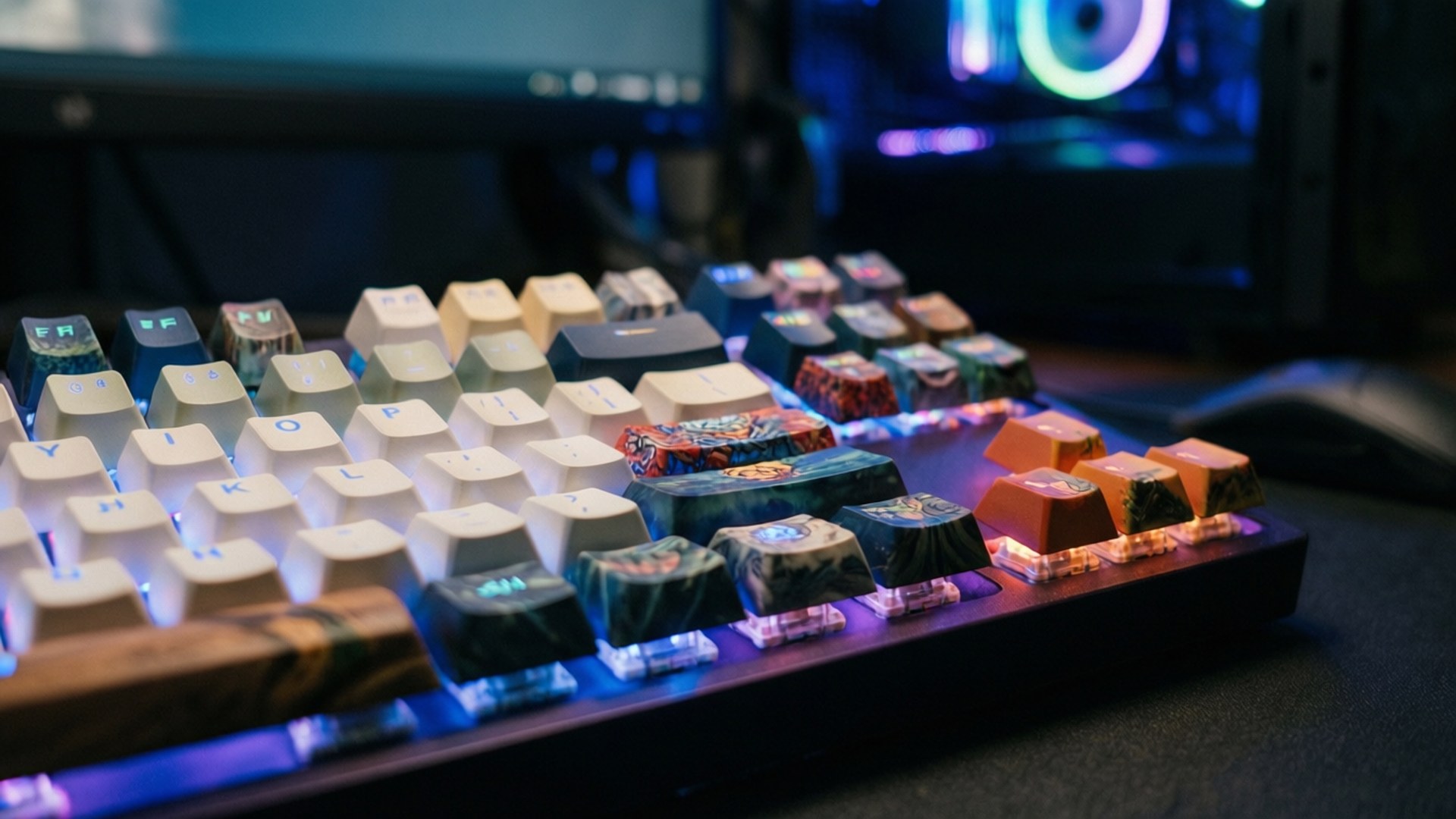 Keyboard Closeup Glow 壁紙 — 一個自訂的機械鍵盤，帶有彩色圖案鍵帽和發光藍色背光，放在桌上，旁邊是發光的電腦機箱。