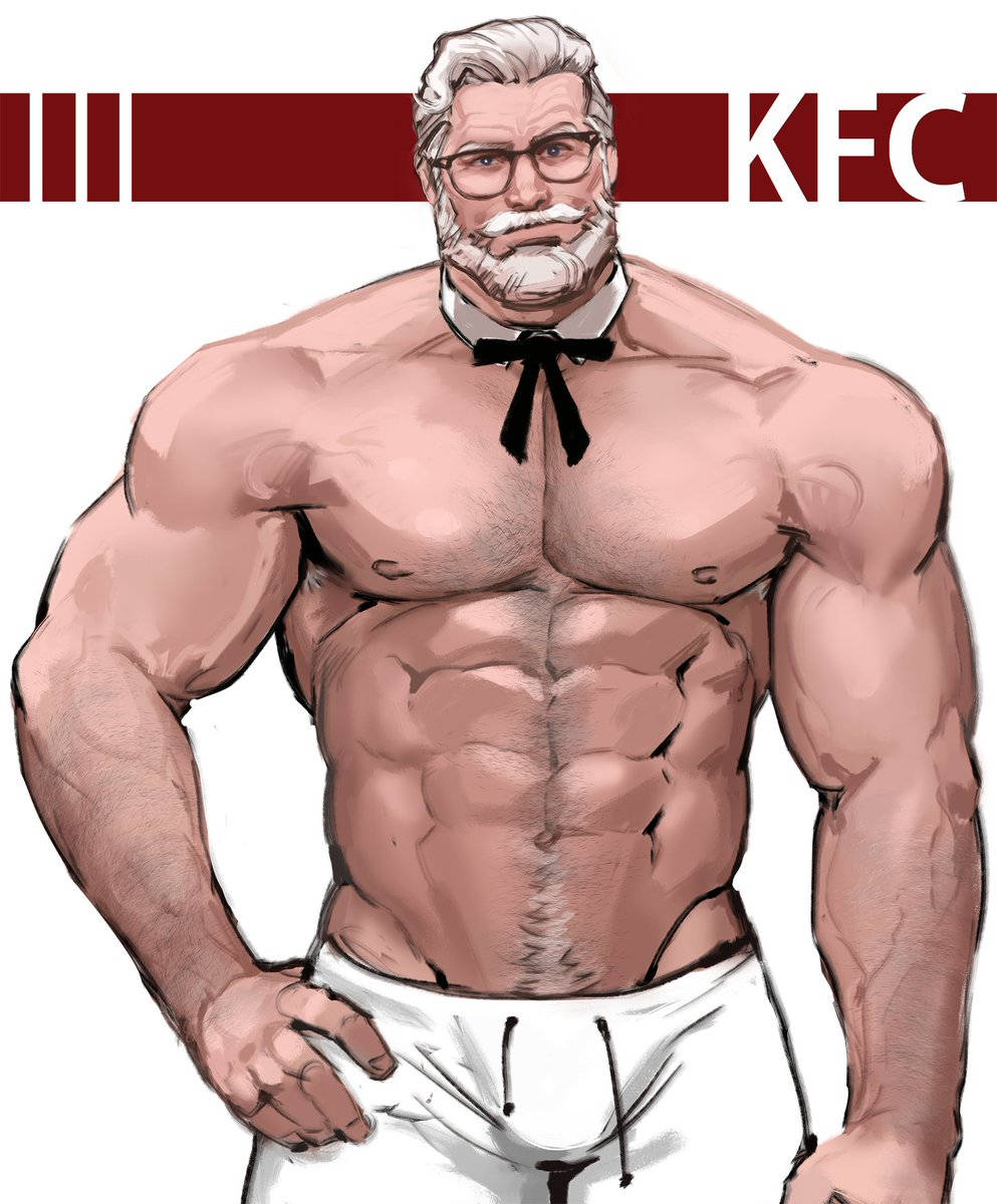 健壯版KFC桑德斯上校 壁紙 — 一個肌肉發達的插圖男子，白髮白鬍鬚，穿著黑色蝴蝶結和白色內褲，背景是KFC標誌。