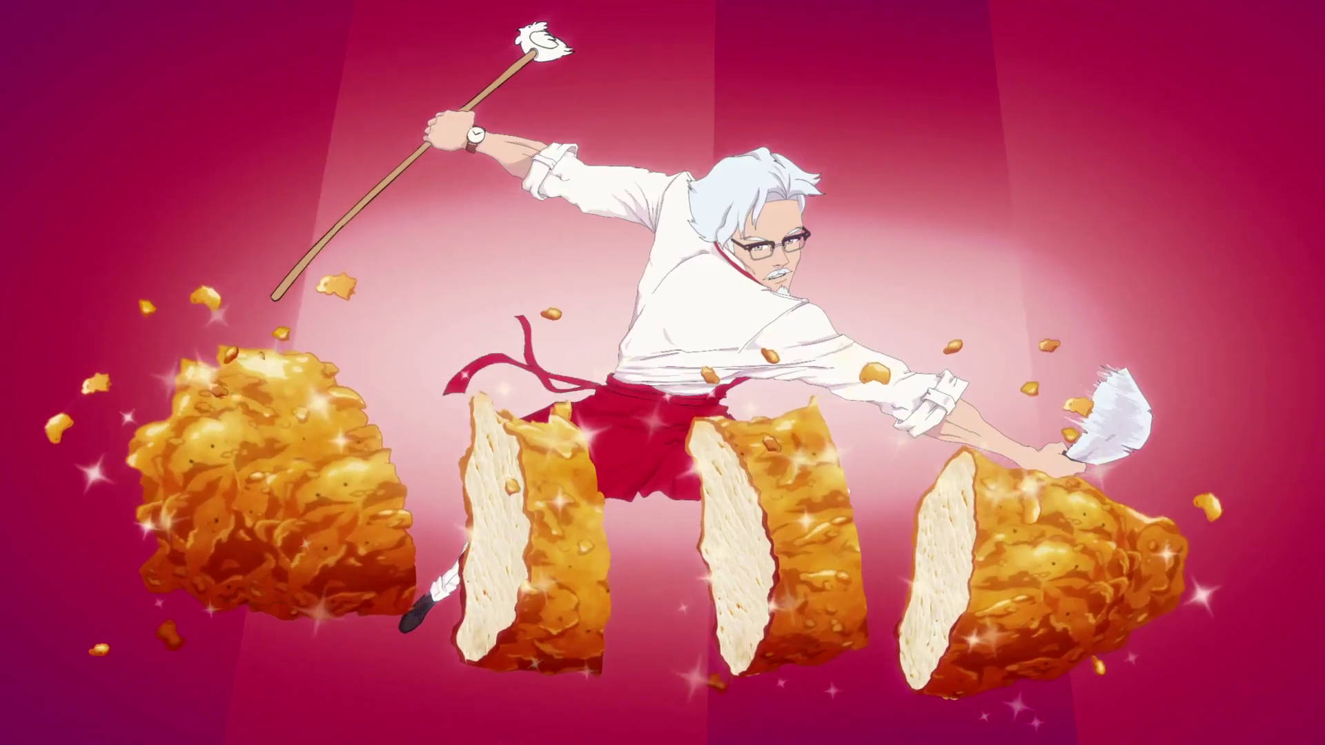 KFC Colonel Sanders動漫廚師 壁紙 — 一位白髮戴眼鏡的動漫廚師，在充滿活力的洋紅色背景前，用棍子切開巨大的金黃色炸雞塊。