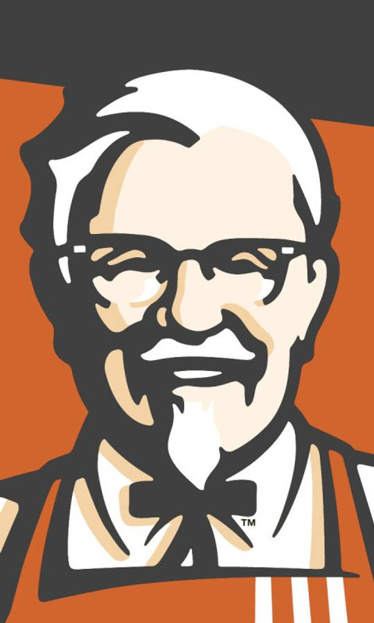 KFC餐廳標誌 壁紙 — 大膽的圖形肖像，山德士上校戴著白髮、眼鏡和領結，背景為橙色和黑色。