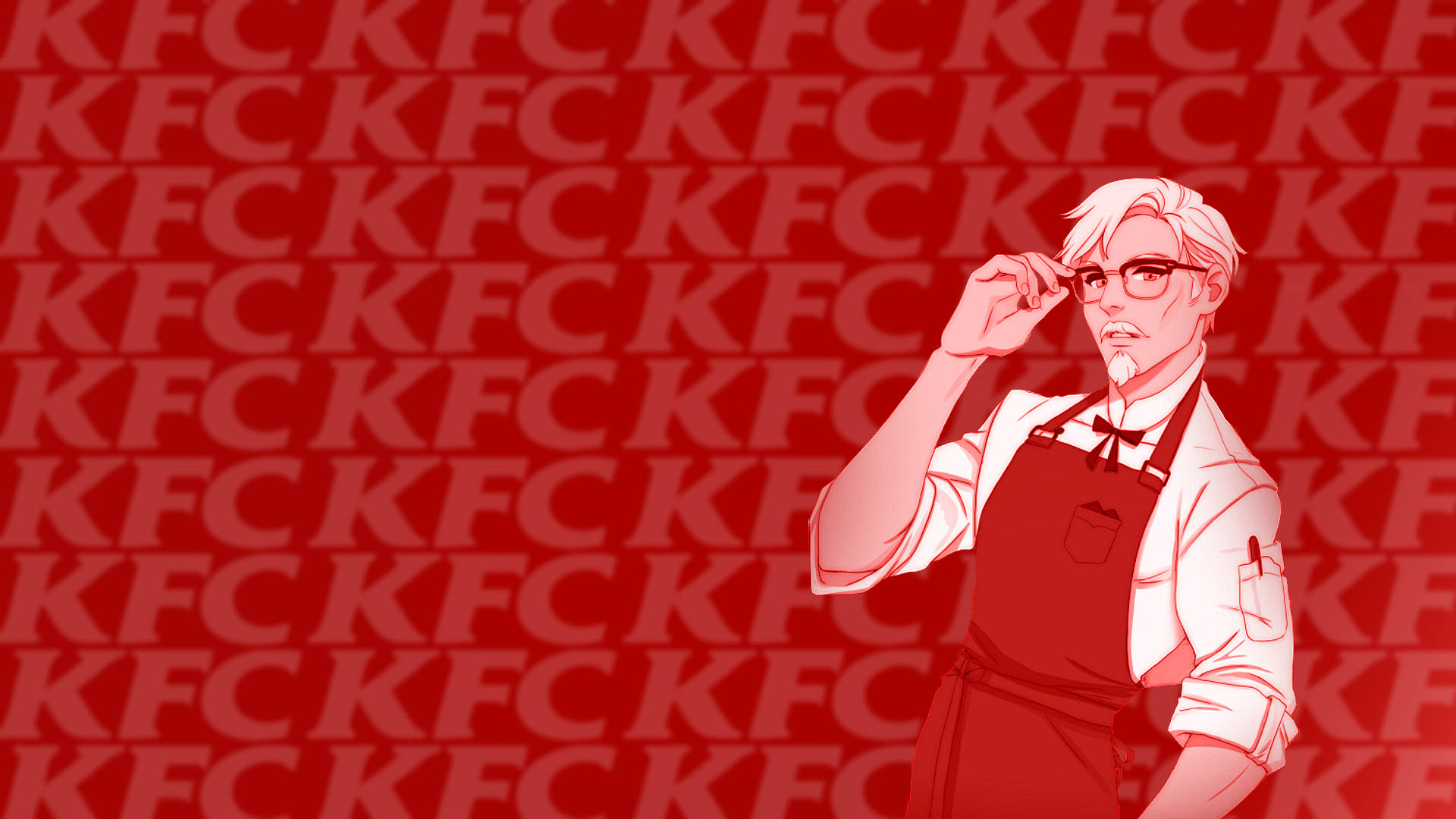 KFC DeviantArt Colonels Sanders 壁紙 — 一個風格化的動漫廚師穿著紅色圍裙，在重複的KFC標誌背景前調整眼鏡。