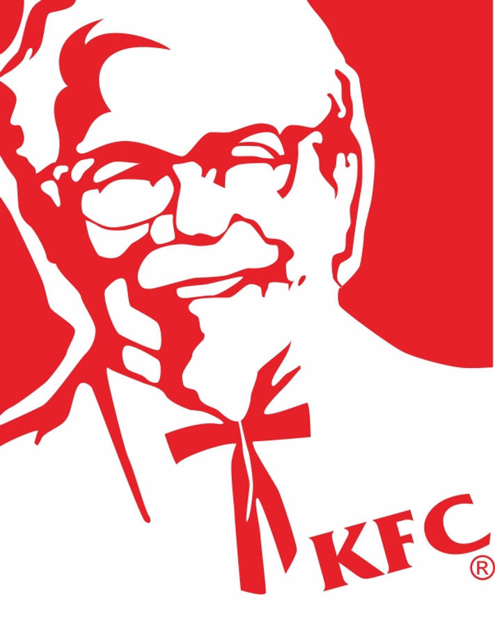 KFC原版標誌 壁紙 — 大膽的紅色和白色剪影，山德士上校微笑著打著蝴蝶結，在純紅色背景上帶有KFC標誌。