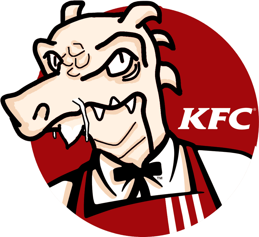 KFC卡通角色惡搞標誌 壁紙 — 一個卡通風格的KFC山德士上校吉祥物，有著尖牙和領結，背景為紅色圓形。