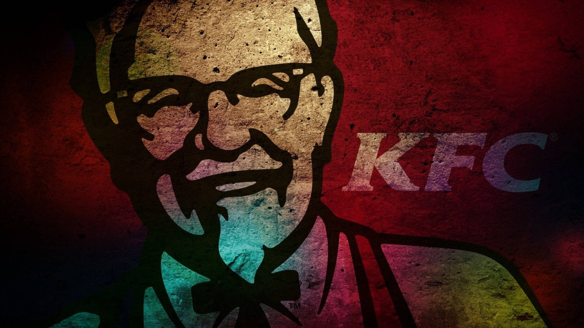 復古KFC背景 壁紙 — 一個風格化的山德士上校肖像，帶有紋理、頹廢的背景，以褪色的紅色和紫色色調呈現KFC標誌。