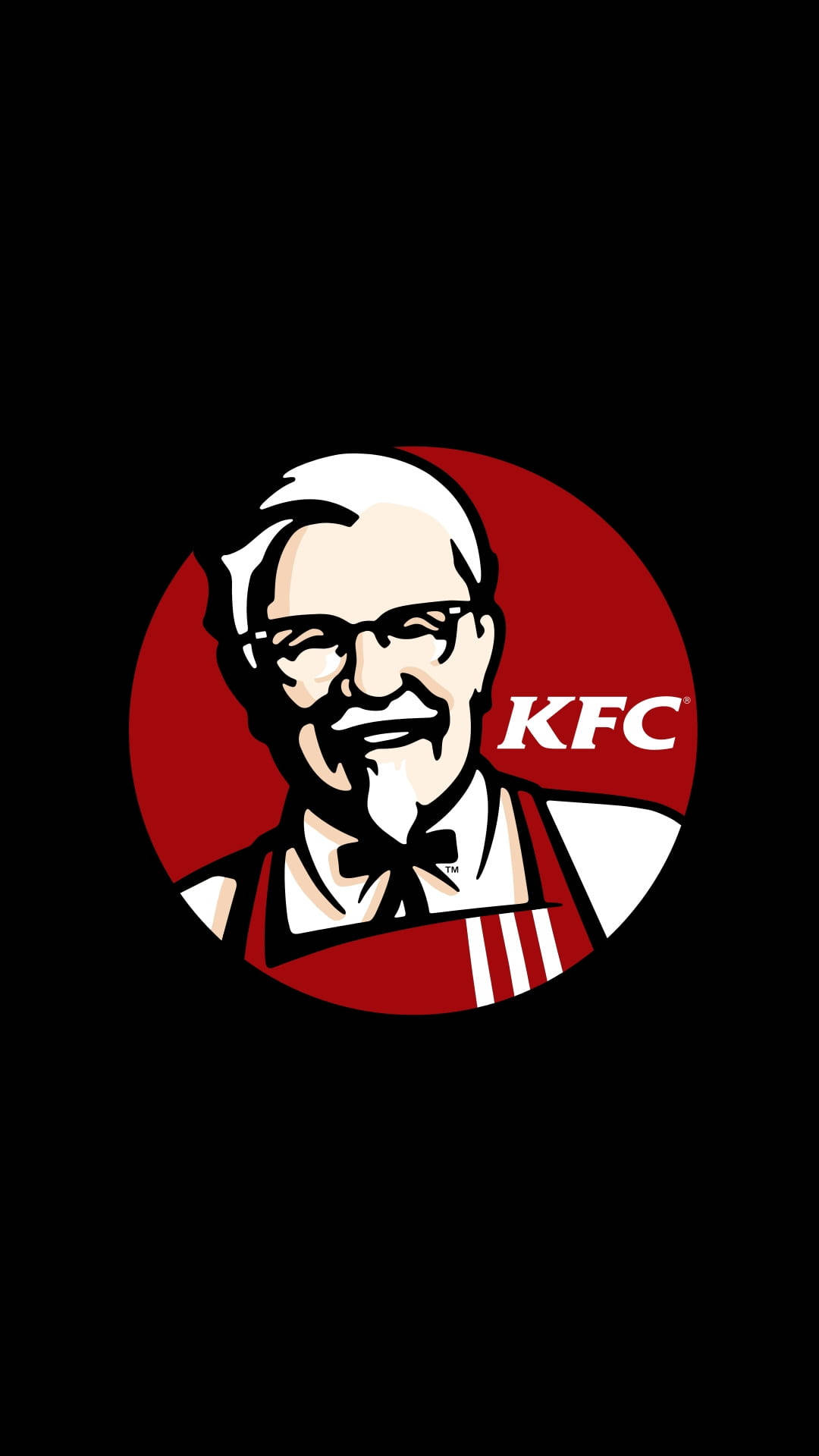 KFC標誌美學 壁紙 — 標誌性的KFC山德士上校標誌，紅色圓圈內有白色文字，黑色背景。