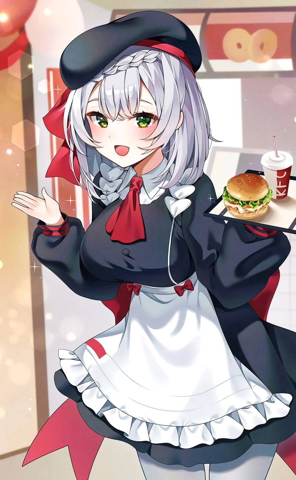 KFC諾艾爾同人圖 壁紙 — 一位銀髮綠眼、開朗的動漫女僕，面帶燦爛笑容，端上KFC漢堡和飲料。