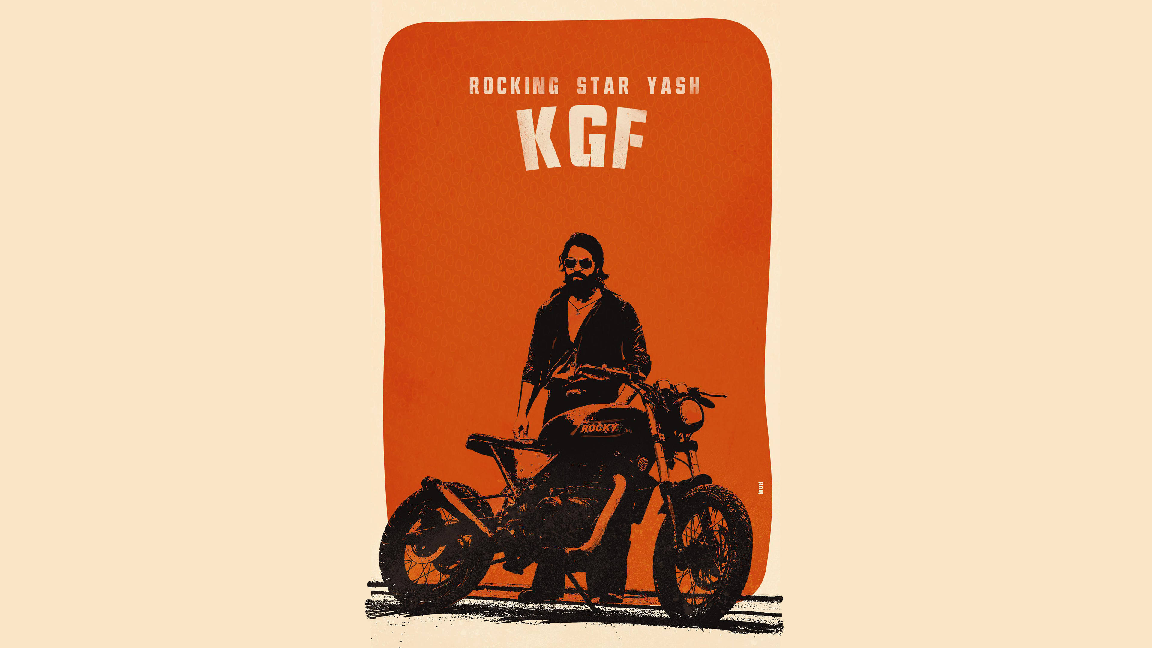 KGF 4K 橙色極簡向量 Rocky 壁紙 — 一張大膽的橙色海報展示了一個留鬍子、戴太陽眼鏡的男人，騎著一輛油箱上寫有「ROCKY」的電單車。