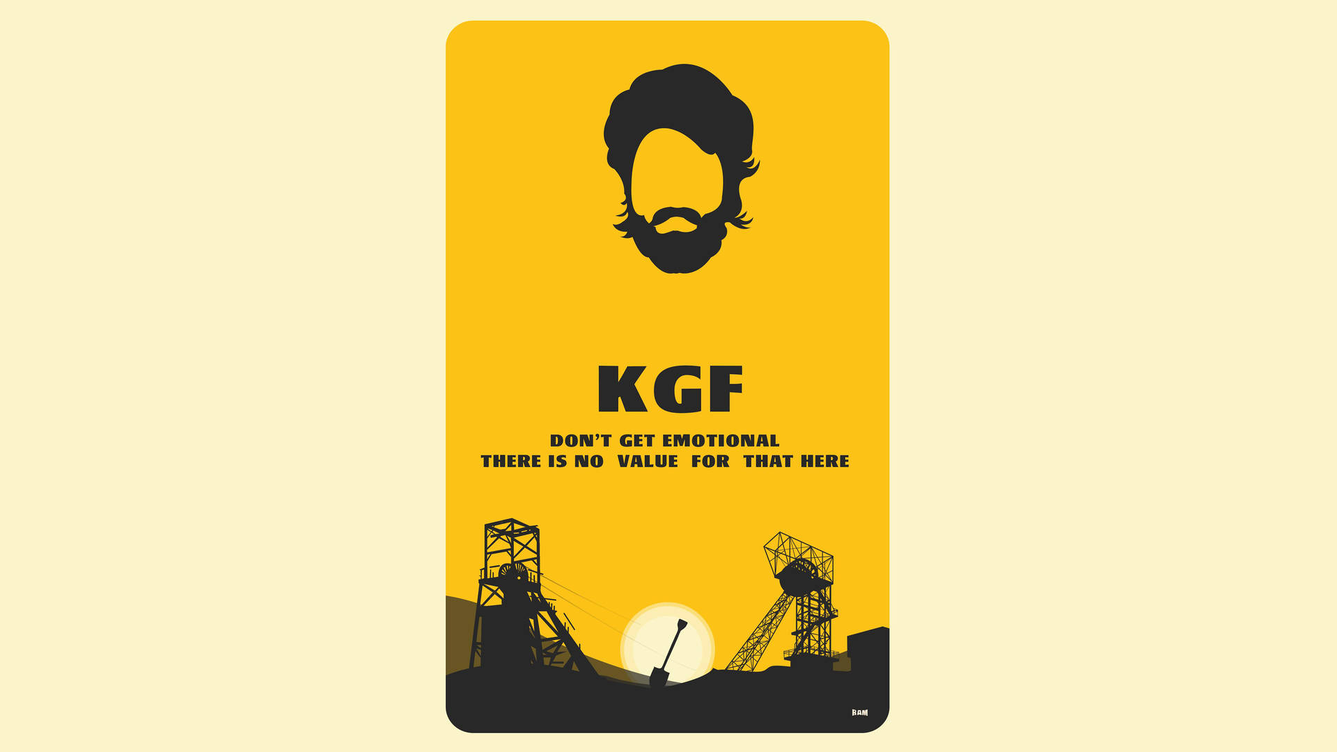 KGF的極簡電影海報，以鬍鬚男子剪影和礦塔為特色。