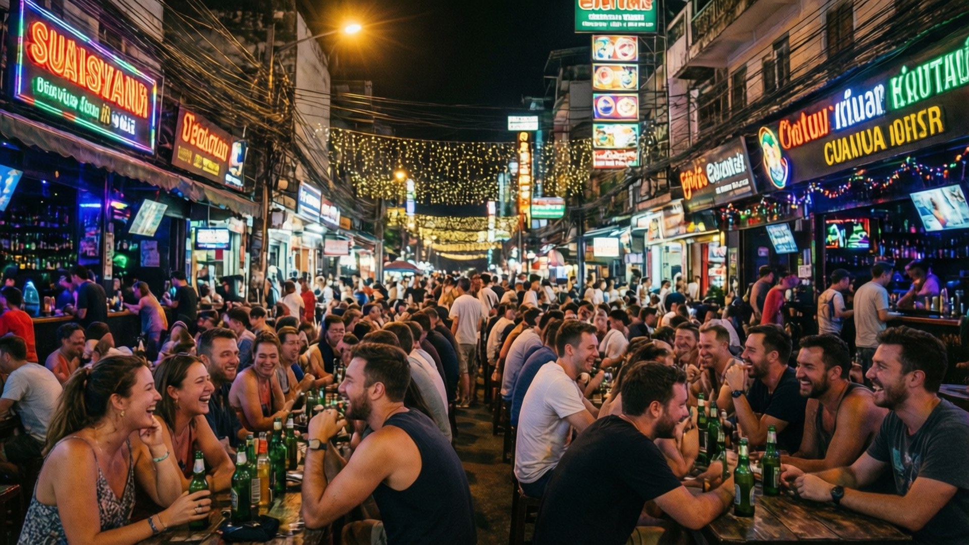 人群在夜晚霓虹燈街道的戶外酒吧歡笑暢飲。
