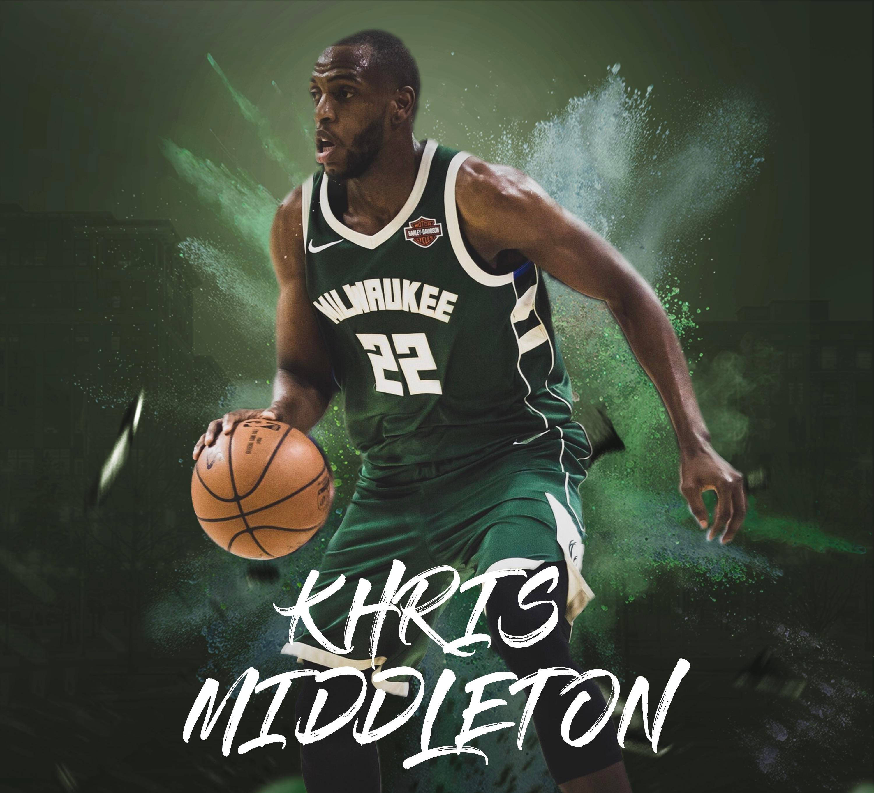 Khris Middleton 海報 壁紙 — 身穿綠色密爾沃基球衣的籃球運動員Khris Middleton在背後有動態綠色粉末爆炸的情況下運球。