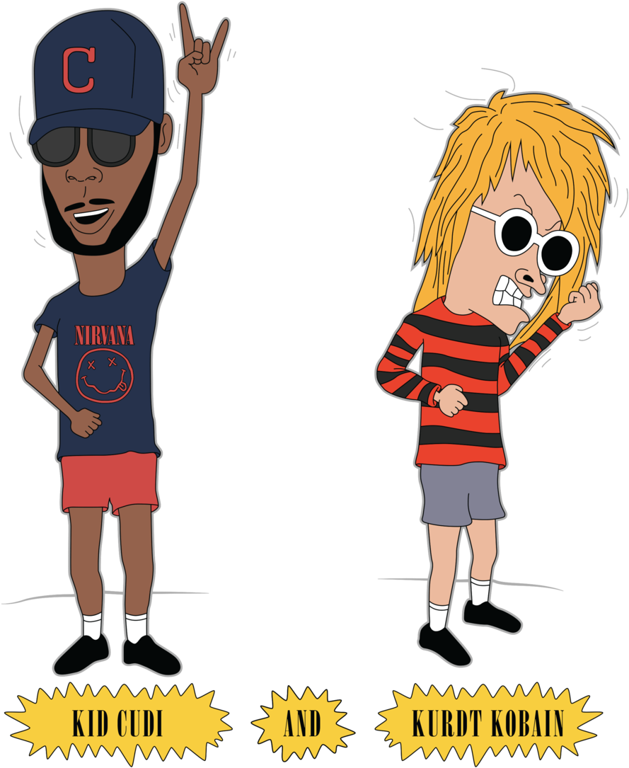 卡通音樂傳奇人物 Kid Cudi 與 Kurt Cobain 壁紙 — 兩個卡通角色，一個穿著Nirvana襯衫和帽子，另一個穿著條紋襯衫，兩人都戴著太陽眼鏡在黑色背景前擺姿勢。