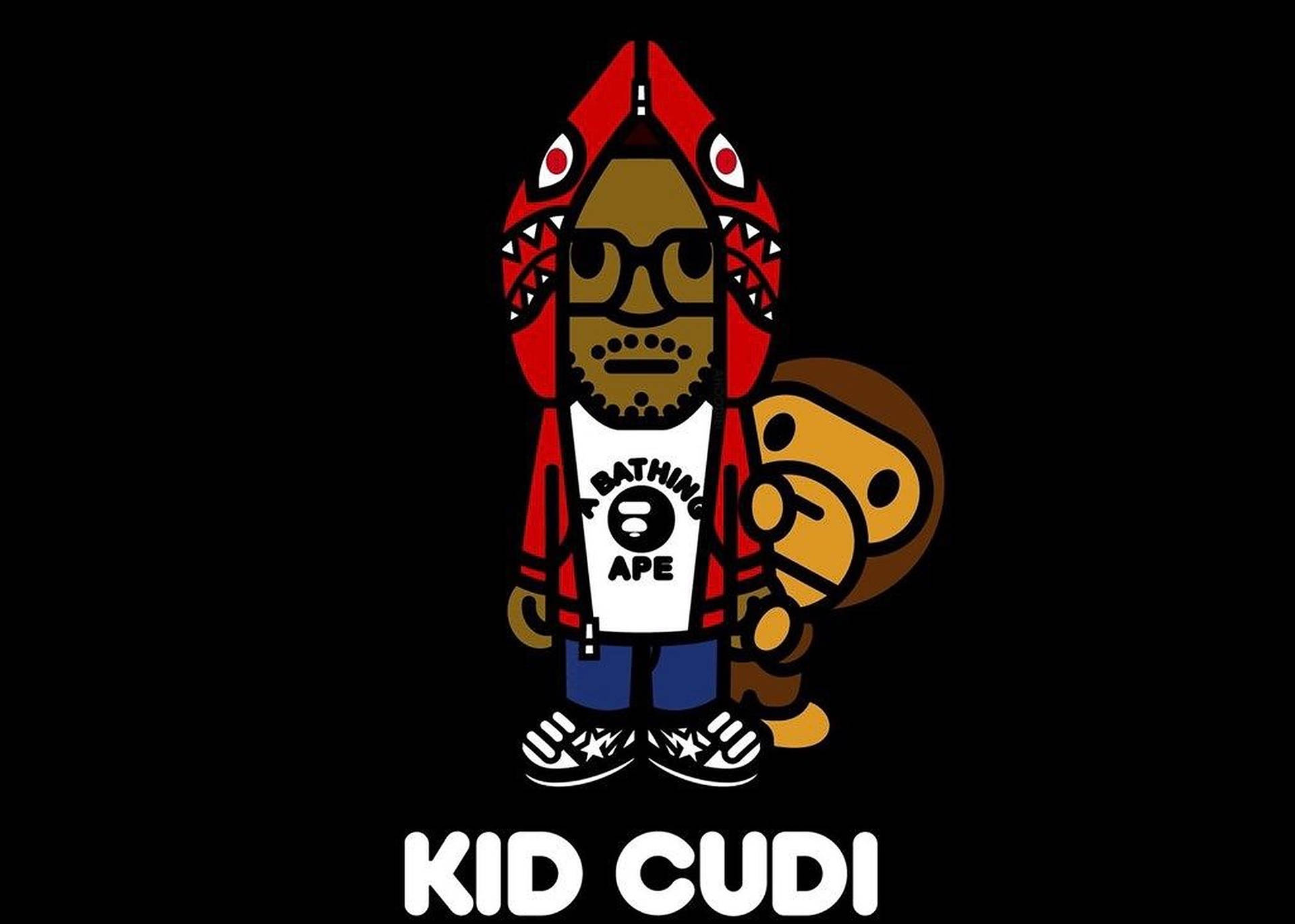 Kid Cudi卡通角色穿著紅色鯊魚連帽衫與猿猴吉祥物