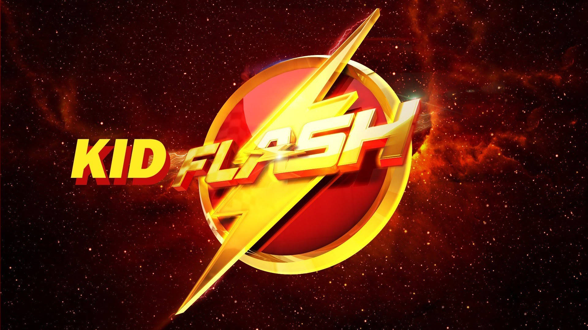 Kid Flash標誌 壁紙 — Kid Flash 標誌在熾熱的宇宙星雲背景下閃耀著金色和紅色，並點綴著星星。