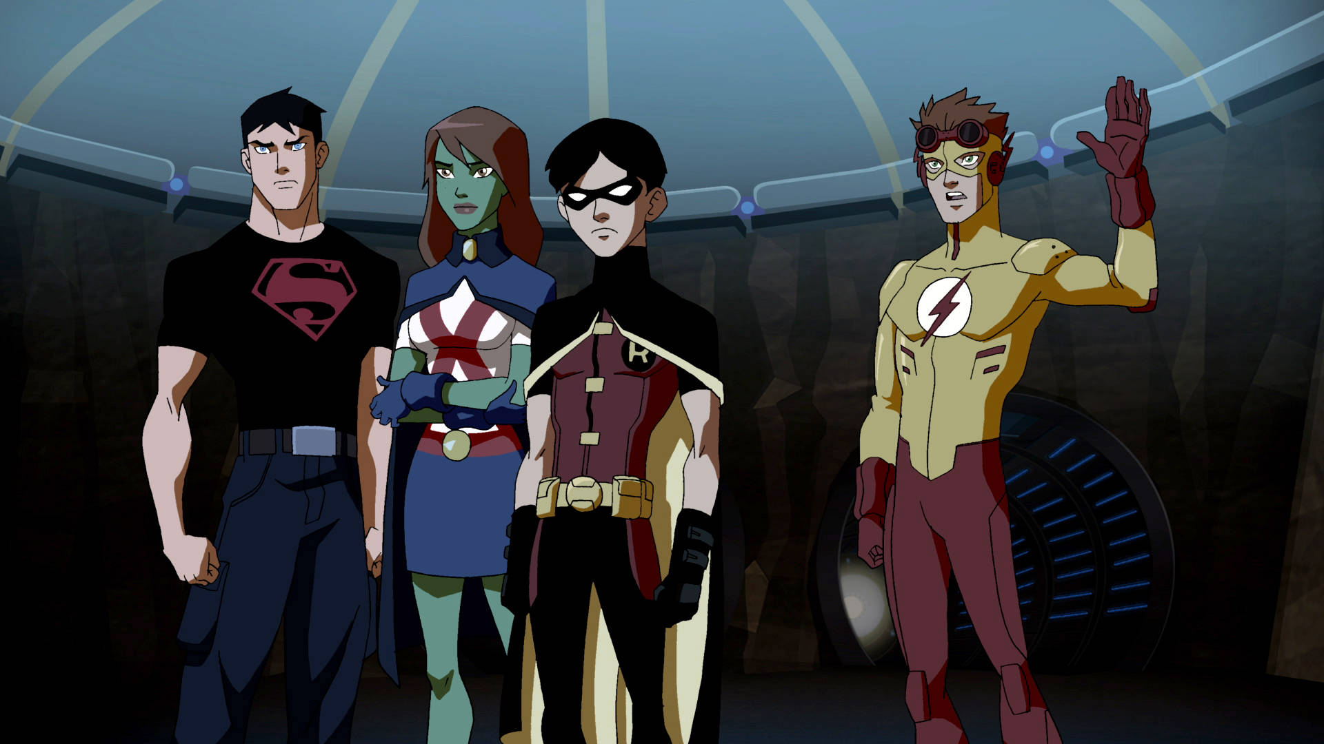 Kid Flash與Young Justice 壁紙 — 四個動畫超級英雄一起站在一個光線昏暗、帶有藍色發光裝飾的未來風格房間中。