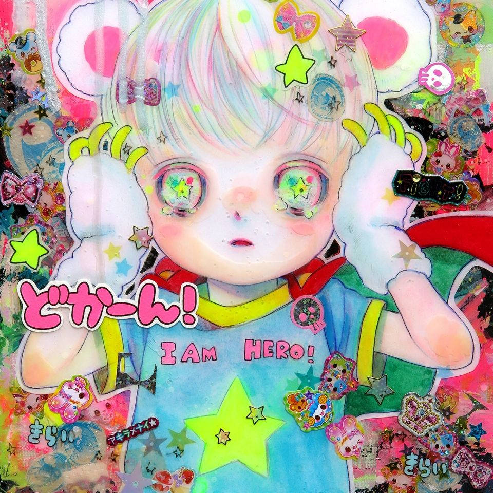 動漫小孩穿著超級英雄服裝，被彩色貼紙和星星包圍。
