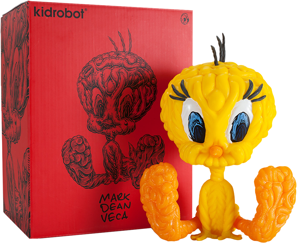 Kidrobot 貝蒂鳥人偶（Mark Dean Veca 設計） 壁紙 — 一個黃色嘅Tweety Bird塑膠公仔，有類似大腦嘅紋理，旁邊係佢嘅紅色收藏盒，上面有黑色墨水畫嘅大腦主題插圖。