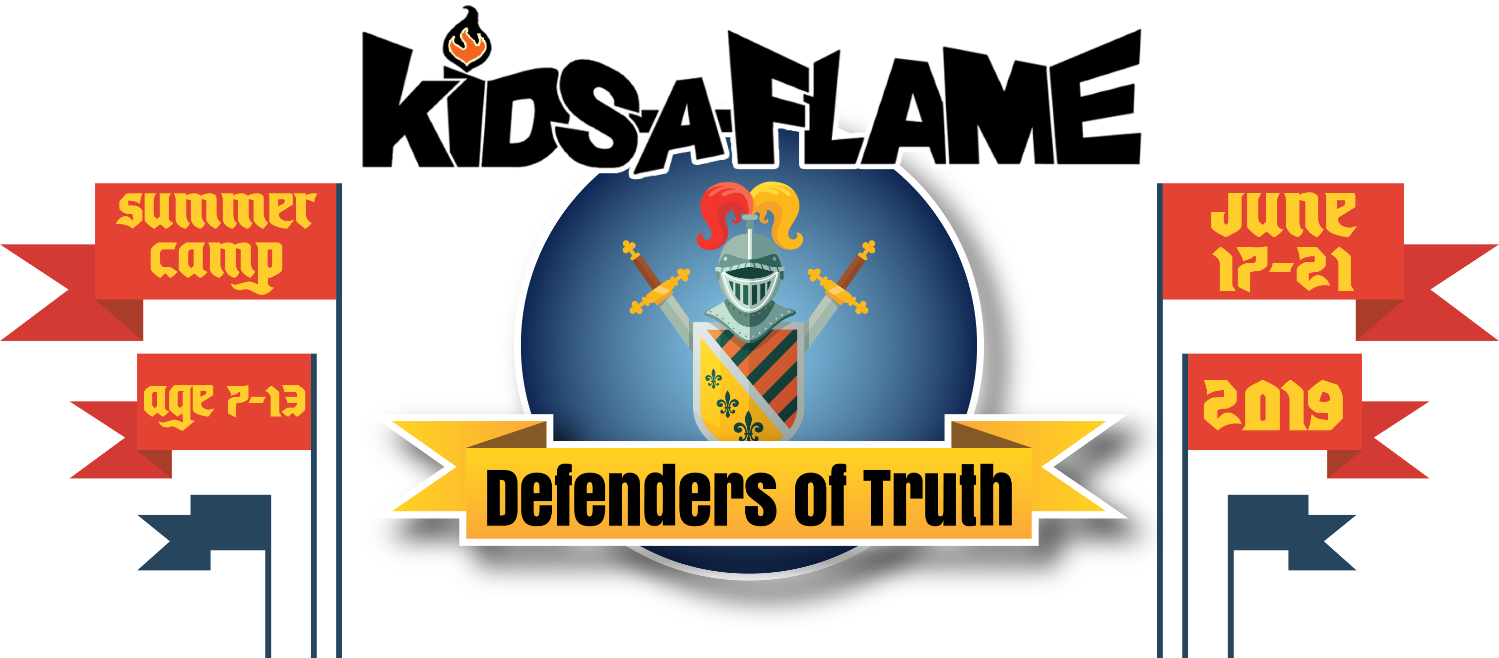 Kids A Flame 2019 夏令營海報 壁紙 — 為 Kids A Flame 夏令營設計的大膽圖形，特色是身穿盔甲的騎士，手持交叉的劍和盾牌，背景為藍色。