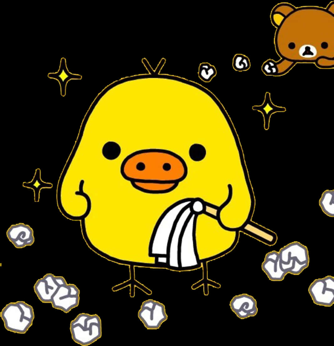 Kiiroitori清潔星星與紙球 壁紙 — 一隻快樂的黃色小雞，有橙色喙，在黑色背景上拿著白色毛巾，周圍有漂浮的氣泡和閃光。