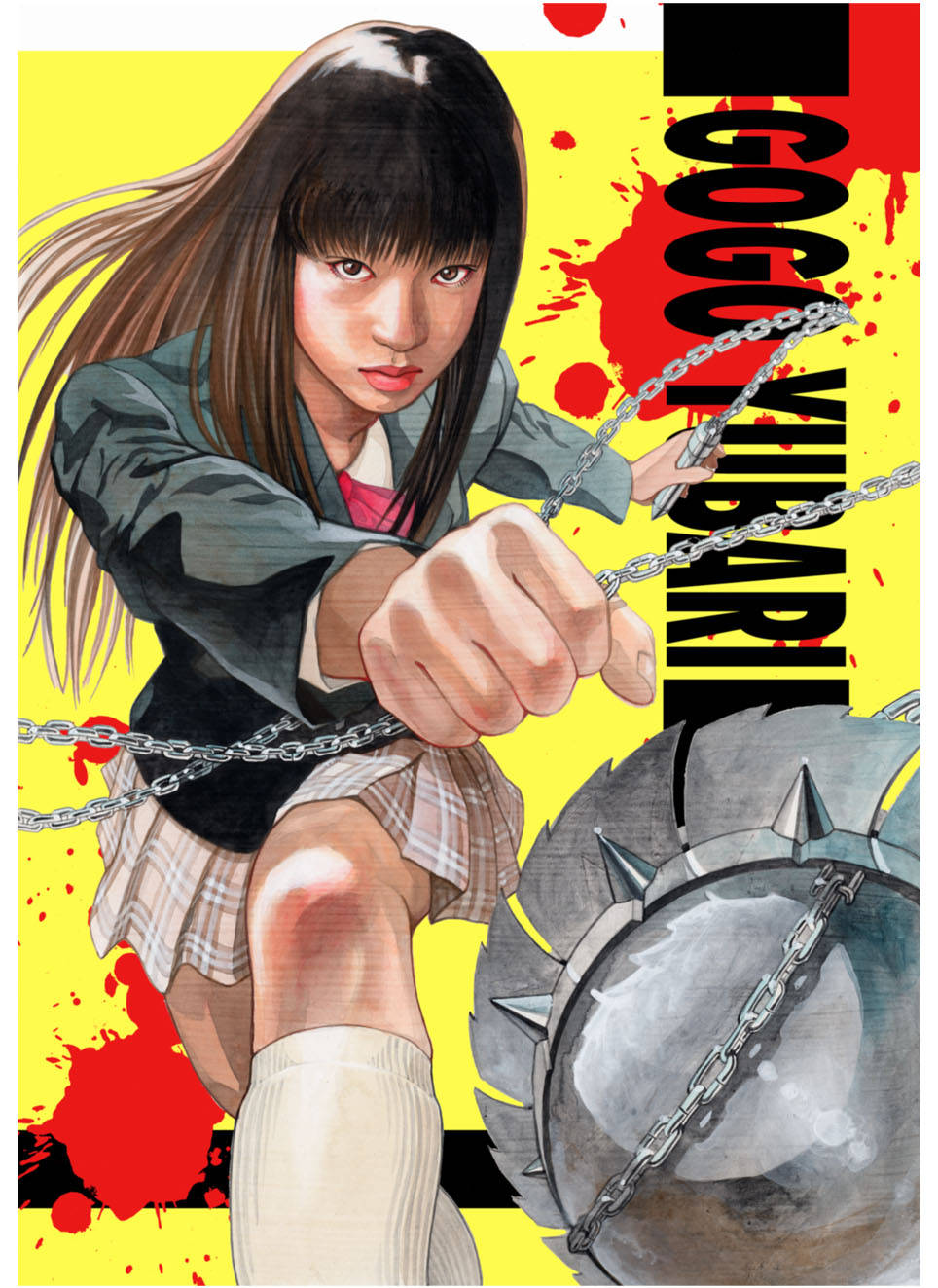 Kill Bill Gogo 海報 壁紙 — 一個穿著校服的兇猛動漫女孩，在鮮明的黃色和紅色飛濺背景下揮舞著帶刺的鏈條武器。