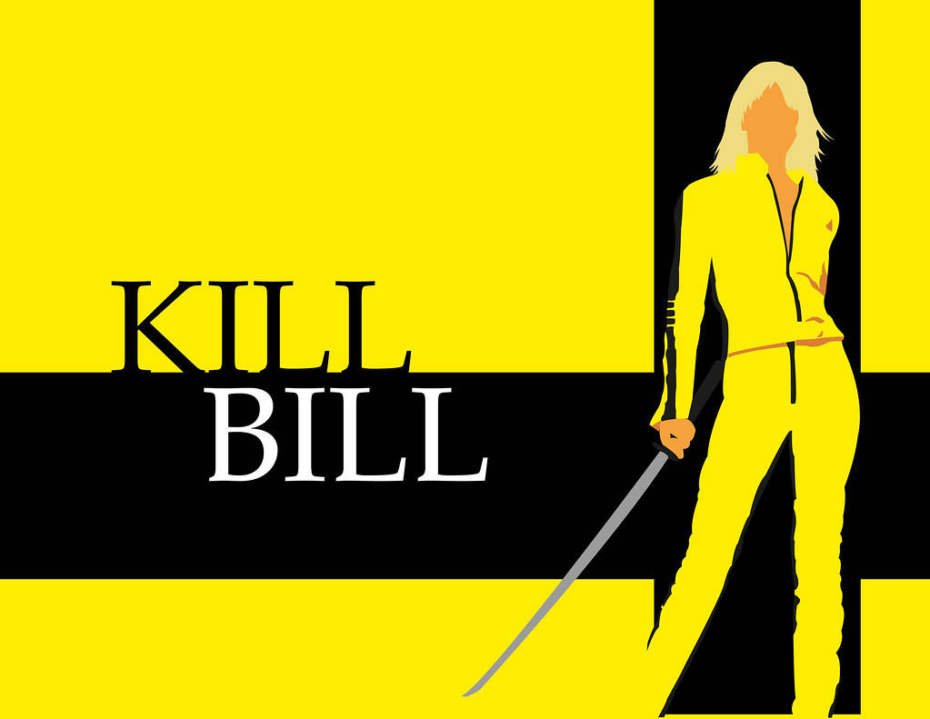 Kill Bill 黃黑海報 壁紙 — 一張風格化的黃黑海報，描繪一位金髮女子身穿黃色西裝手持劍，並帶有「KILL BILL」文字。
