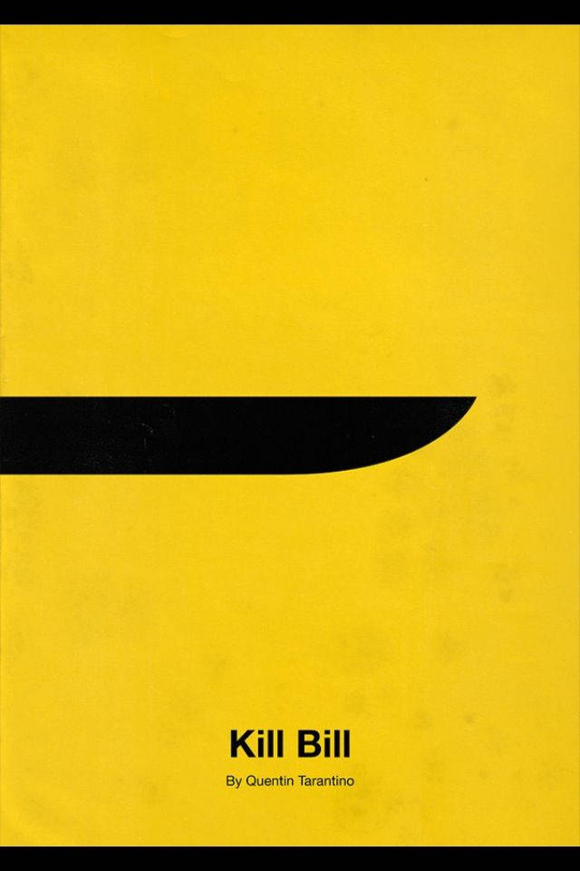 Kill Bill 黑色武士刀海報 壁紙 — 一張極簡主義的黃色海報，帶有黑色彎曲刀片輪廓和「Kill Bill」文字。