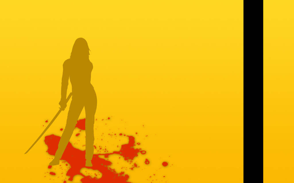 Kill Bill 血腥畫布海報 壁紙 — 一個女人手持劍的剪影站在紅色血濺上，背景是鮮明的黃色。
