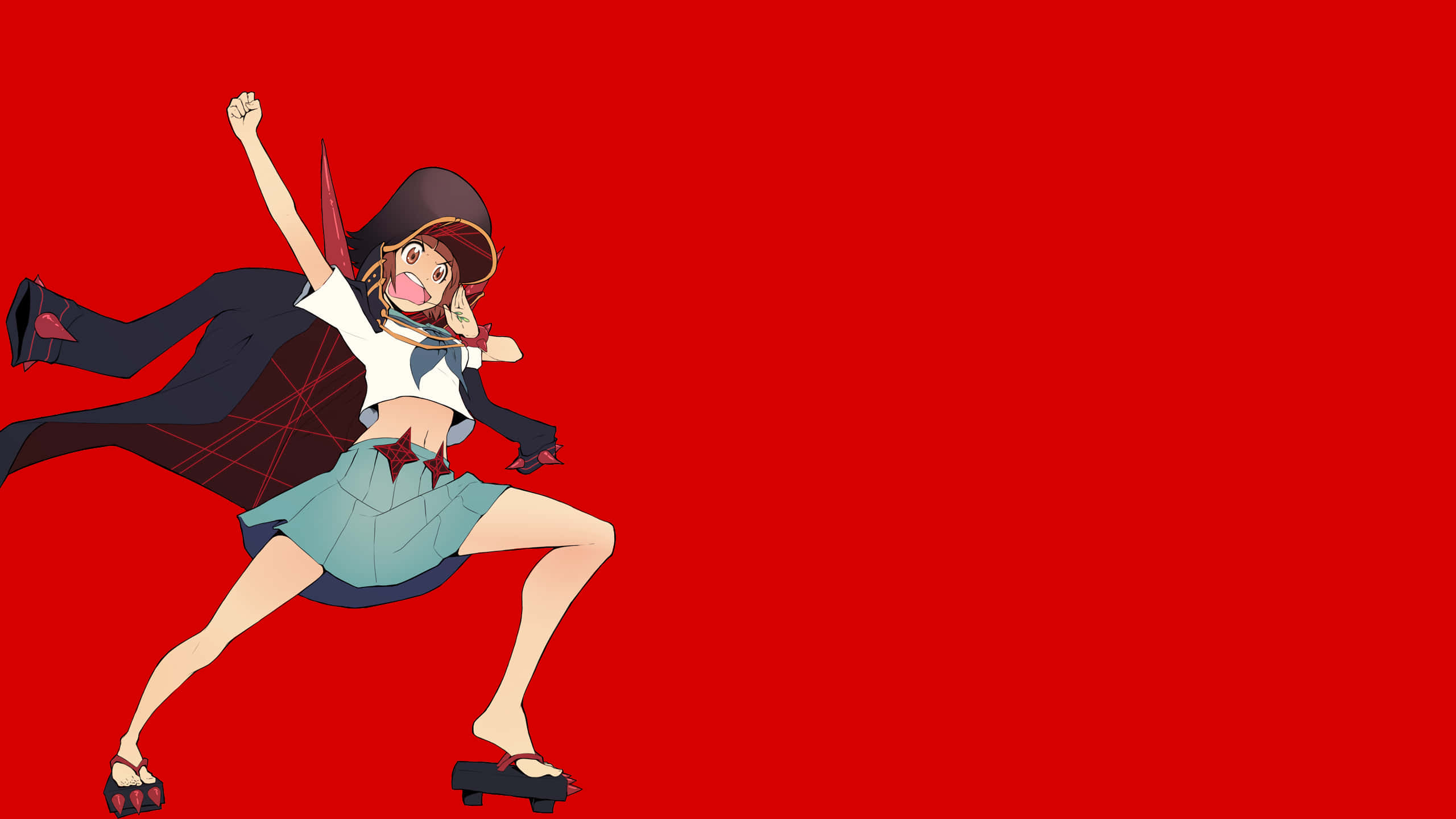 《Kill La Kill》的奇幻世界 壁紙 — 穿著校服和斗篷的動漫女孩在純紅色背景上動態跳躍，表情歡樂。