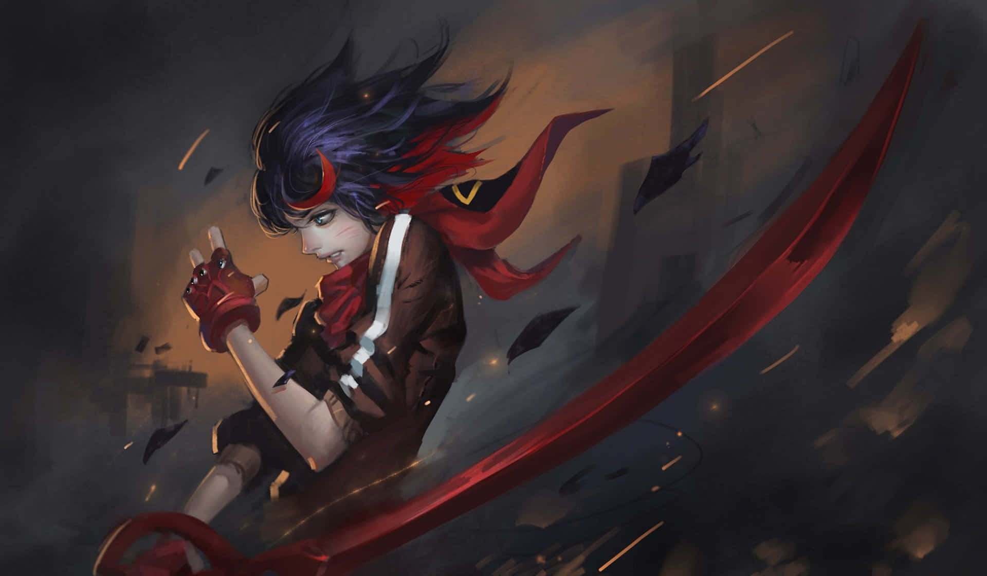 身著究極服裝，鳴上悠子戰鬥準備就緒 —《Kill La Kill》 壁紙 — 一個動態的動漫戰士，紫色頭髮和紅色圍巾，用發光的紅色劍劃破黑暗的空氣。