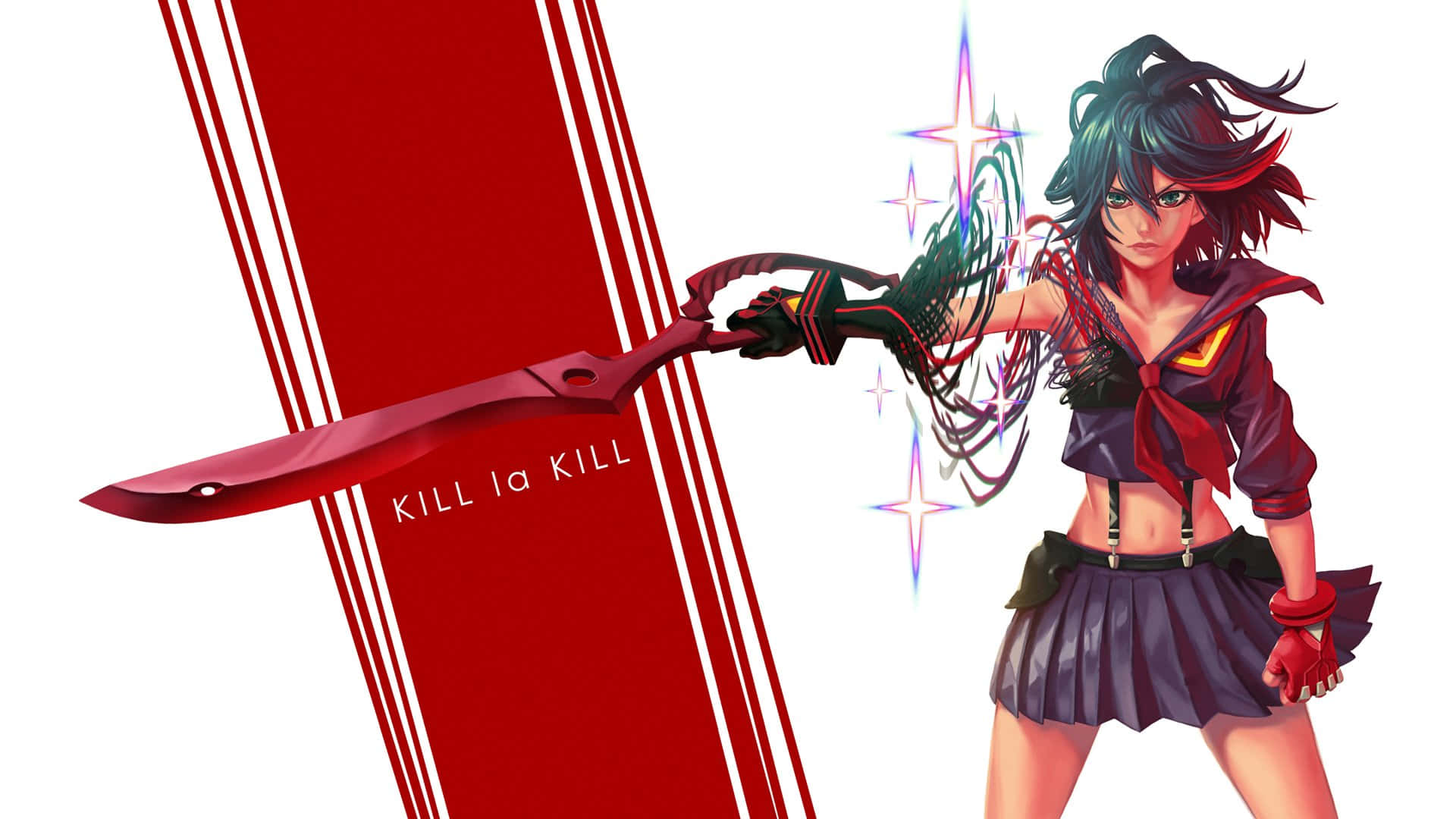 準備迎接《Kill La Kill》中的驚天戰鬥 壁紙 — 一個穿著校服的兇猛動漫女孩，在醒目的紅白條紋背景前揮舞著發光的紅色劍。