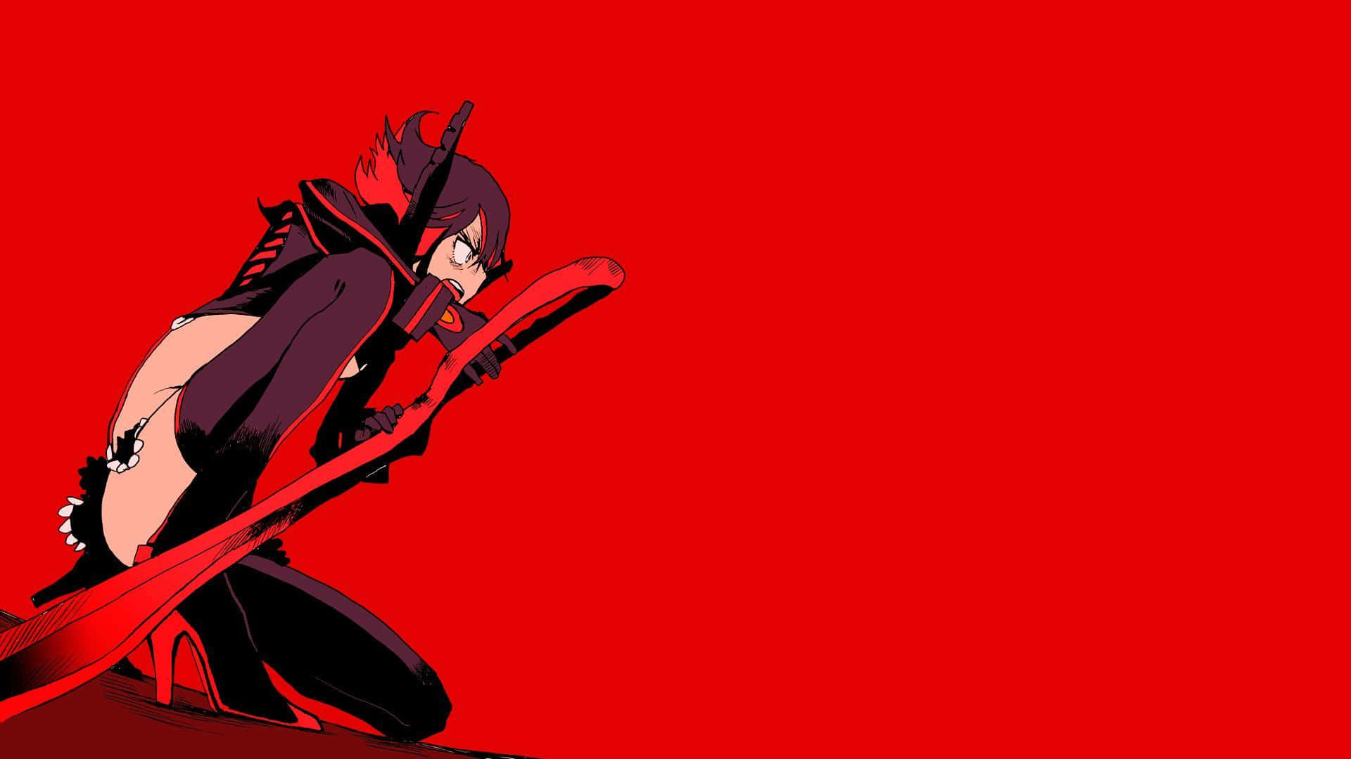 《Kill La Kill》鳴上悠子角色扮演 壁紙 — 一個風格化的動漫角色，深色頭髮和紅色武器，蹲在純紅色背景前。