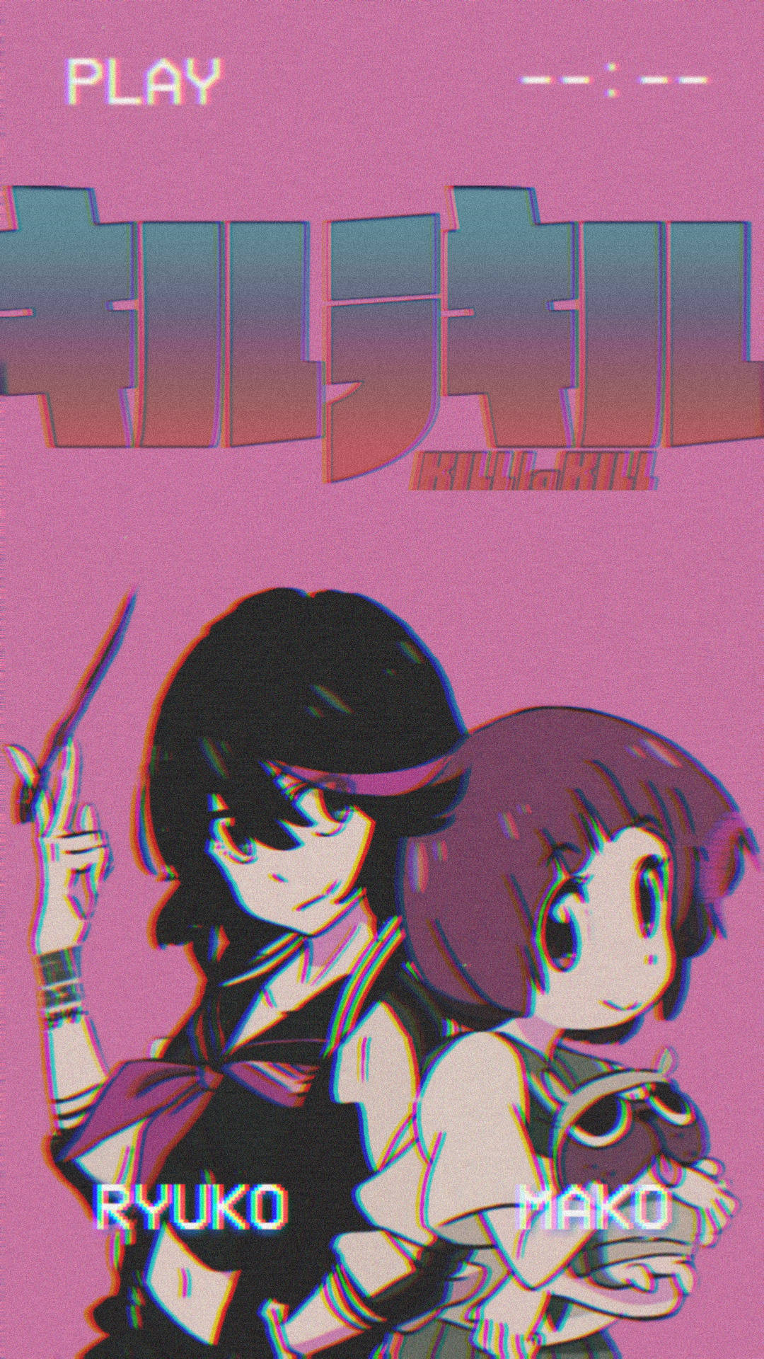 《Kill la Kill》角色鳴上悠與真子的VHS風格美學手機壁紙 壁紙 — 兩位深色頭髮的動漫女孩站在粉紅色背景前，帶有故障風格的日文字和遊戲般的UI元素。