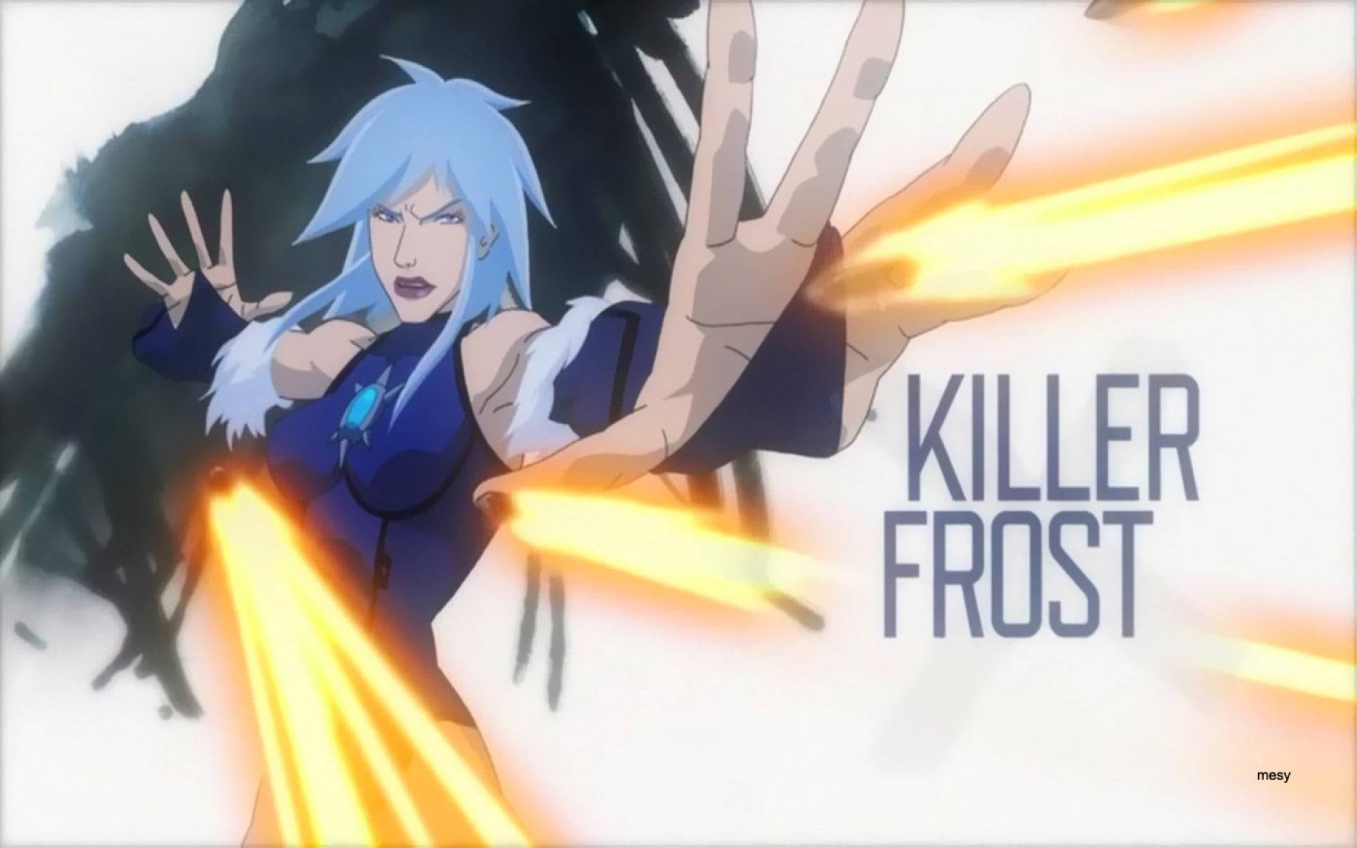Killer Frost 動畫風格藝術 壁紙 — 一個藍髮動漫角色在黑暗陰影背景下從手中釋放出熾熱的能量爆炸。