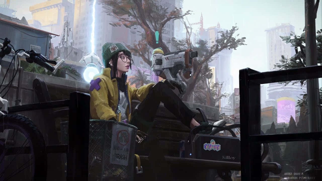 穿著黃色外套和綠色冷帽的年輕遊戲玩家，坐在下雨的賽博朋克城市欄杆上，背景有漂浮科技。