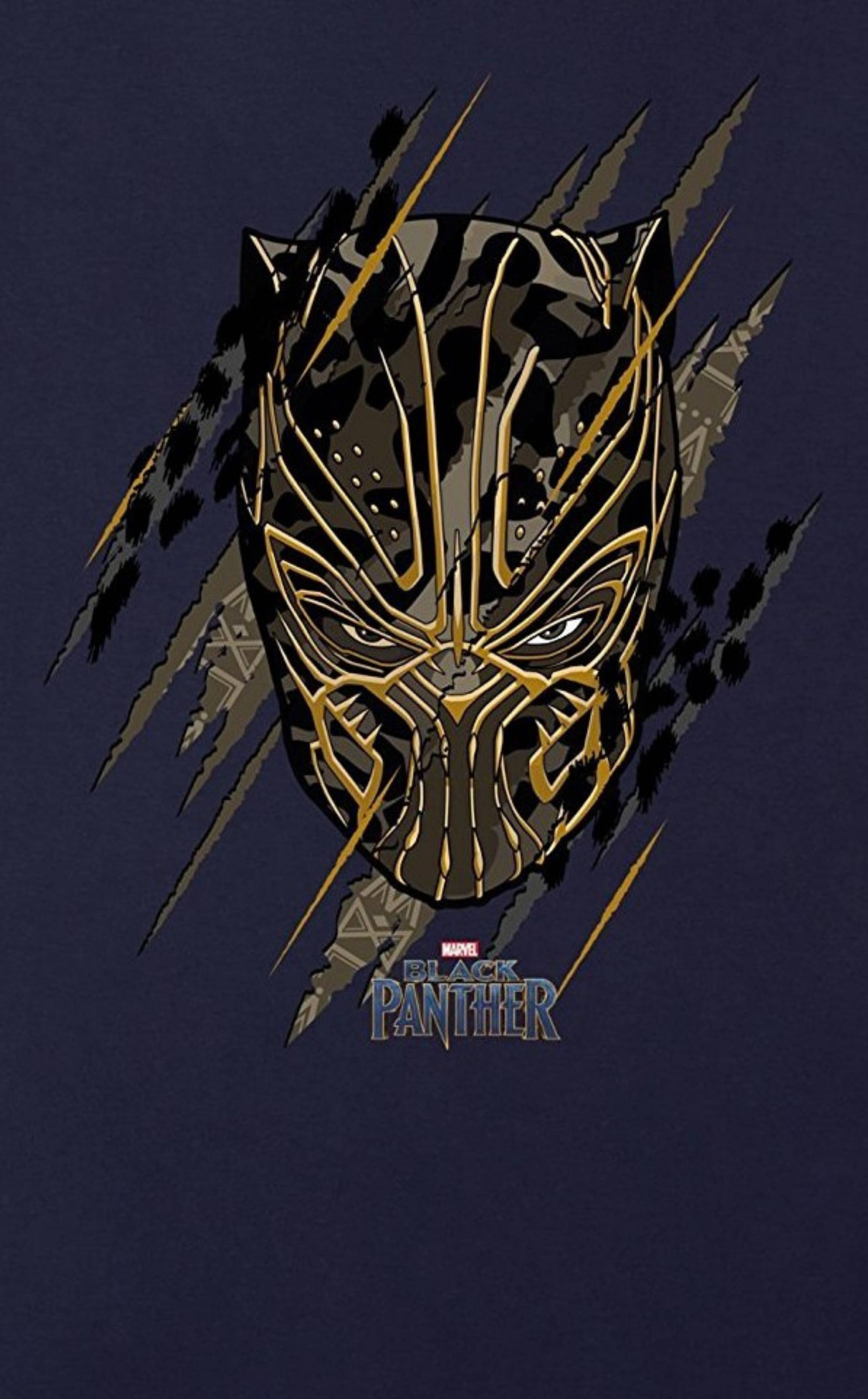 數碼藝術 Killmonger 壁紙 — 一個風格化的黑豹面具，帶有金色點綴和鋸齒狀黑色條紋，背景為深藍色。