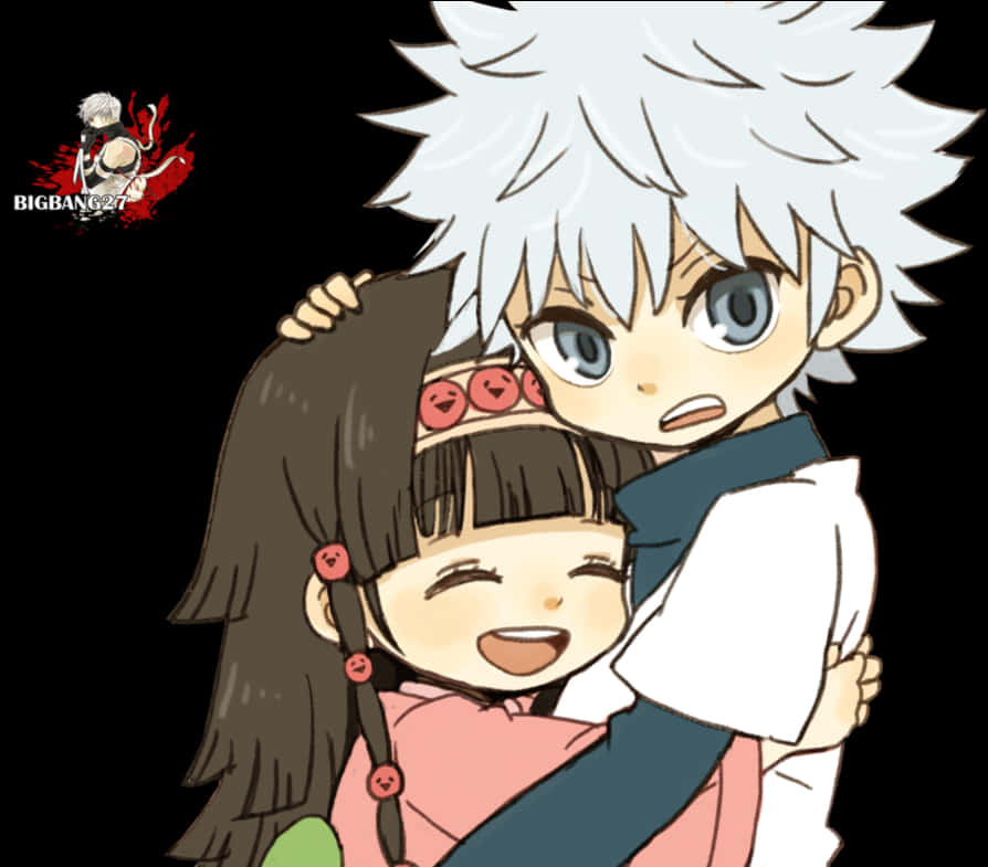 Killua 與快樂女孩擁抱 壁紙 — 一個開心的動畫女孩紮著辮子，在黑色背景下擁抱一個驚訝的白髮刺蝟頭男孩。