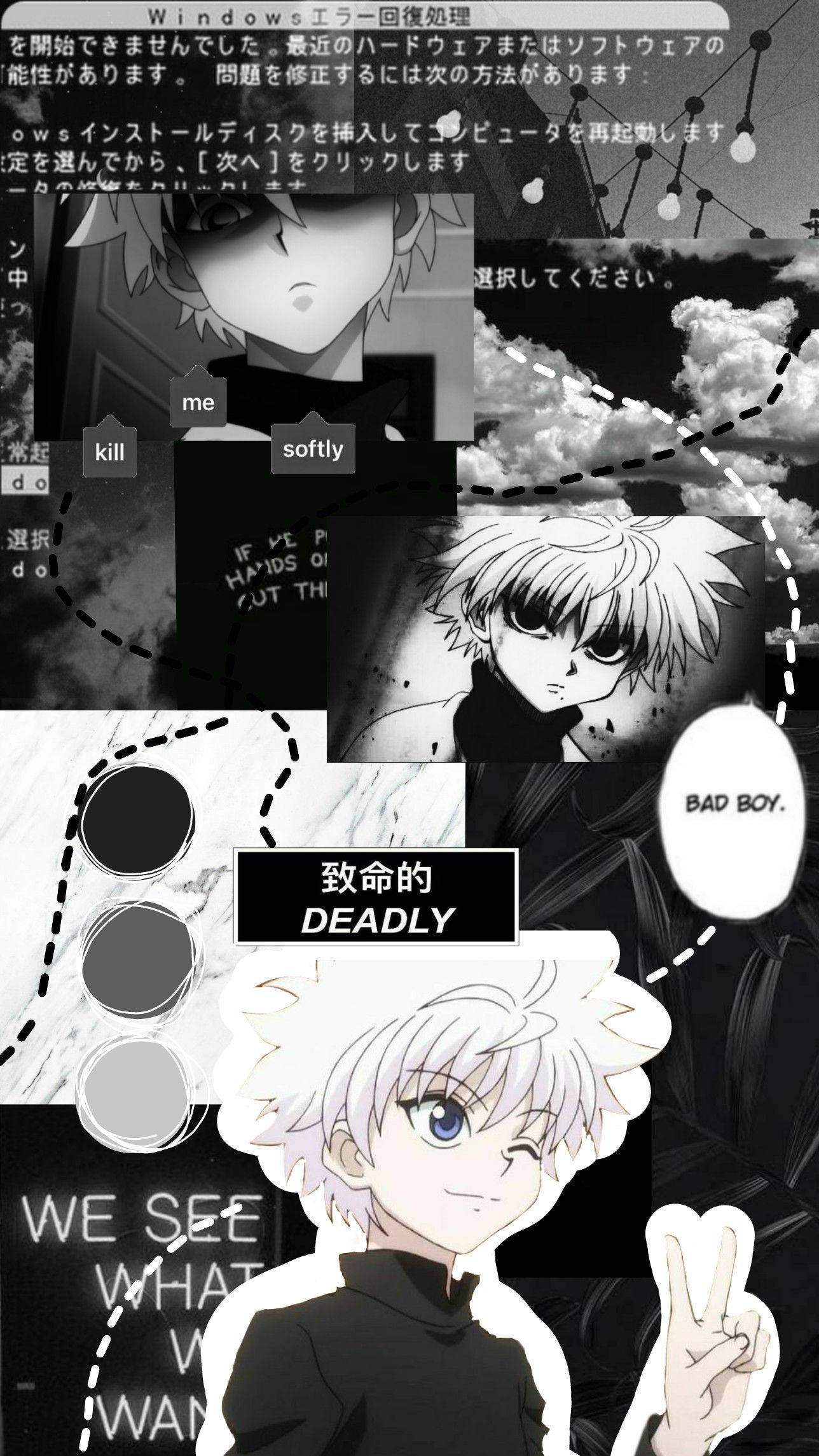 黑白壞男孩 Killua 美學 壁紙 — 黑白動漫拼貼畫，包含角色和文字疊加，例如 deadly 和 bad boy。