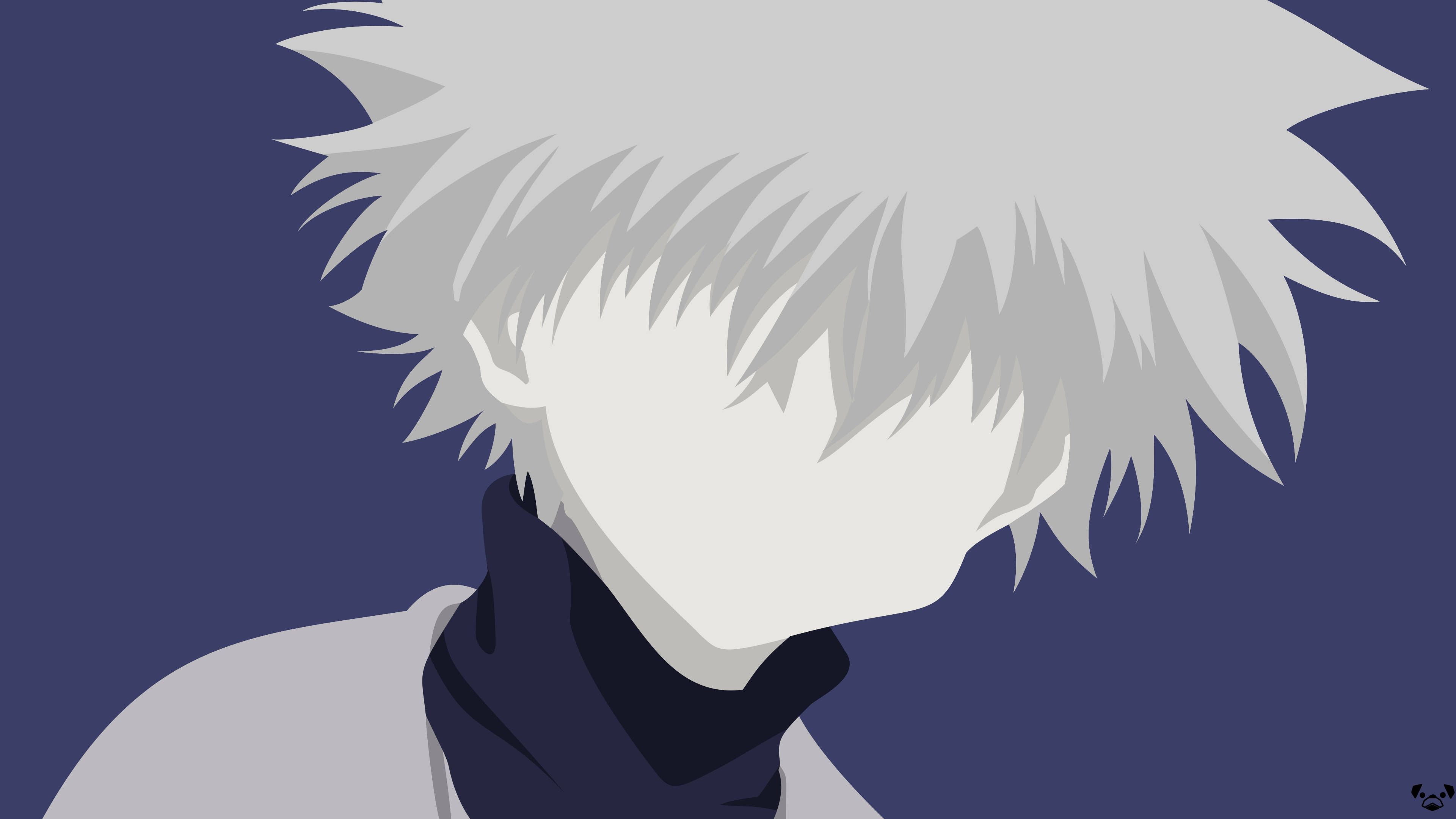 Killua 4K 最簡約向量藝術 壁紙 — 一個風格化的動漫角色，有著尖刺的白髮和深色圍巾，在深藍色背景上以側面輪廓呈現。