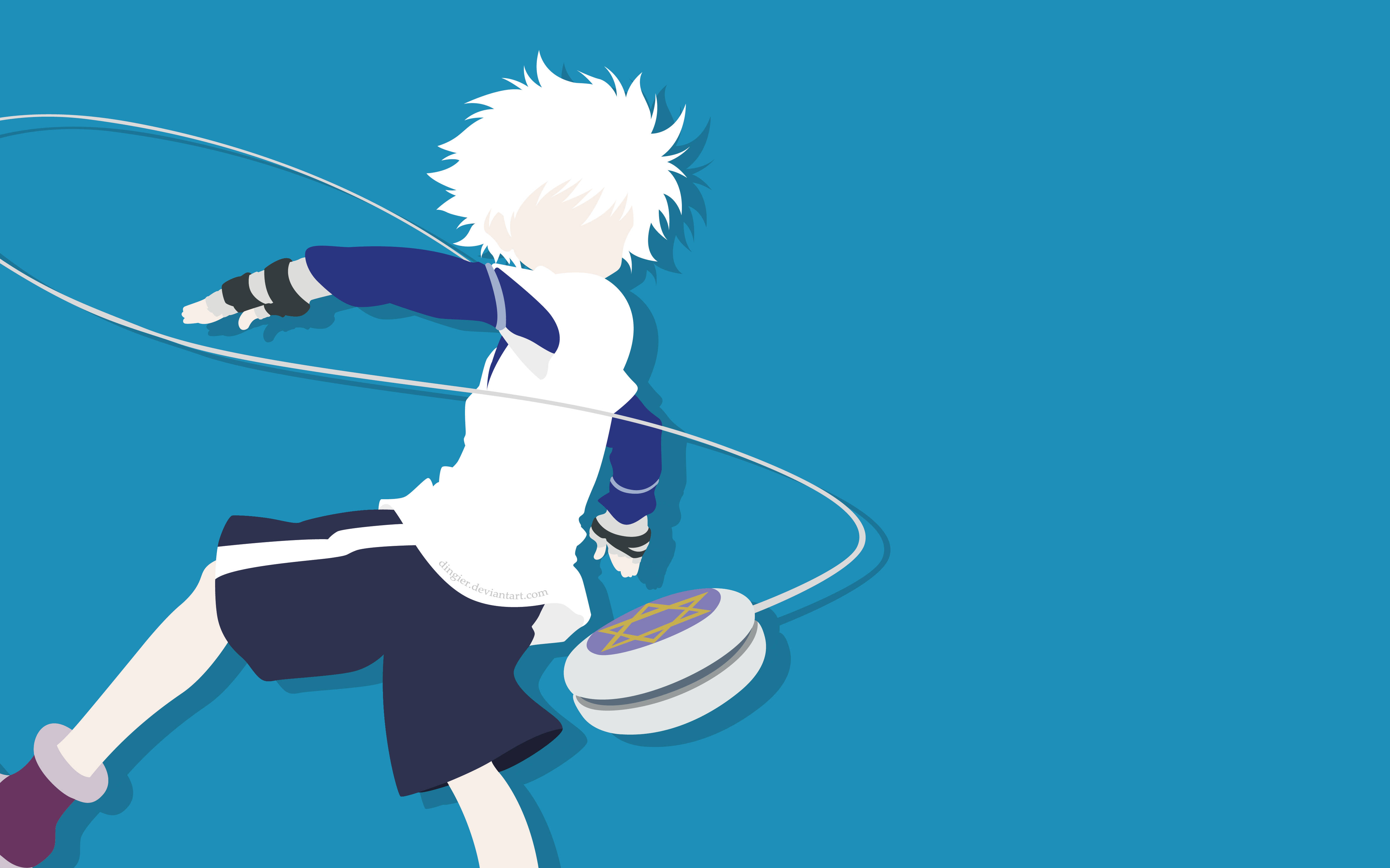 Killua 4K 藍色向量藝術 壁紙 — 白髮動漫角色在動態動作中將溜溜球投向純藍色背景。