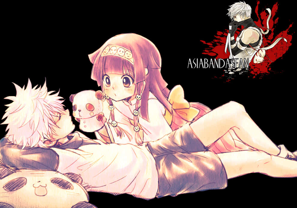 動畫粉絲藝術作品 Killua 與 Alluka 壁紙 — 兩個動漫角色喺熊貓主題床上依偎，第三個角色喺紅色飛濺背景中。