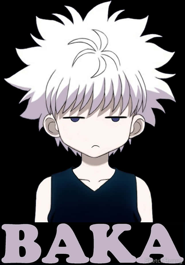 Killua 不悅表情 B A K A 壁紙 — 動漫角色，白色尖刺頭髮，皺眉表情，黑色背景，下方有「BAKA」字樣。
