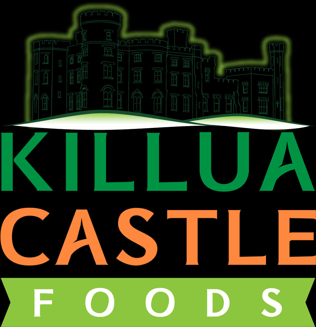 Killua Castle Foods 標誌 壁紙 — 一個標誌，在黑色背景上，發光的綠色城堡剪影位於粗體綠色和橙色文字 Killua Castle Foods 上方。