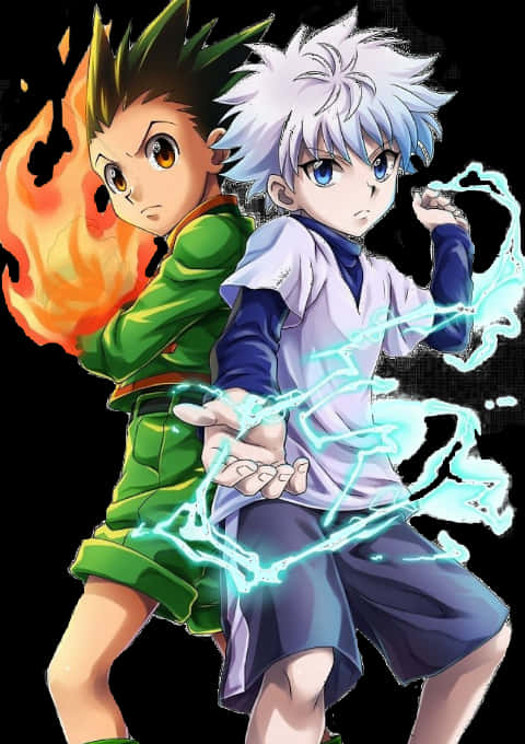 《獵人》Killua 與 Gon 激活戰鬥力 壁紙 — 兩個動畫男孩，一個帶有火焰光環，另一個帶有電能，背靠背站在黑色背景前。