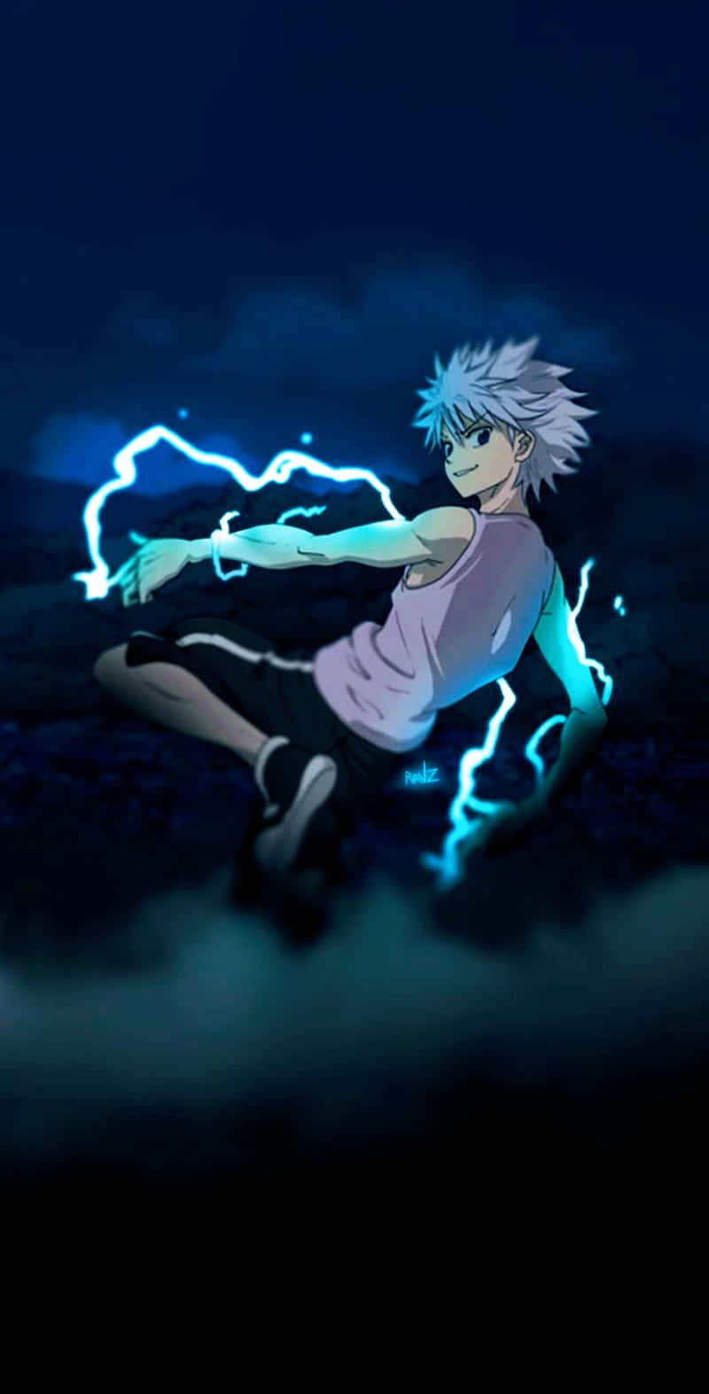 白髮動漫角色在黑暗暴風雨的天空中產生藍色閃電。