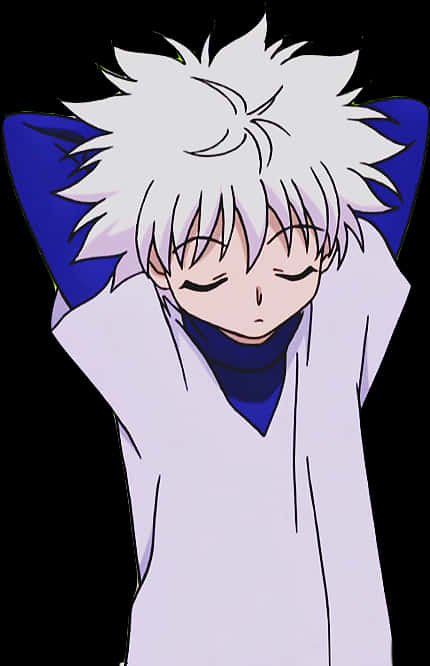放鬆的動畫角色 Killua 壁紙 — 動漫角色，白色尖刺頭髮，藍色圍巾，頭向後靠在深色背景上。