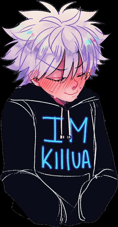 《獵人》Killua Zoldyck 動畫藝術作品 壁紙 — 動漫角色，白色尖刺頭髮，臉頰泛紅，身穿帶有發光藍色文字的黑色連帽衫。