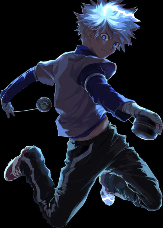 Killua Zoldyck 動作姿勢 壁紙 — 一個充滿動感的動漫男孩，擁有尖刺白髮和藍色眼睛，在黑色背景上手持溜溜球騰空跳躍。