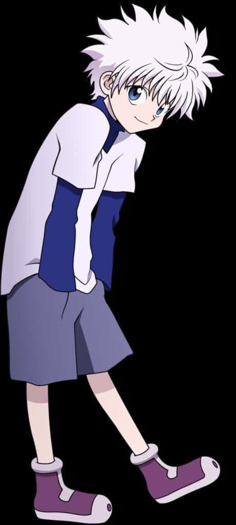 Killua Zoldyck 動畫角色全身圖 壁紙 — 動漫男孩，白色尖刺頭髮，藍色眼睛，微笑著向前傾，姿勢隨意。